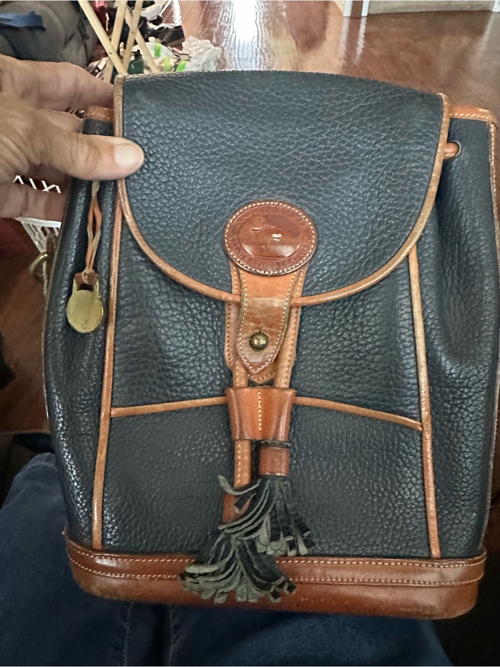 Vintage Dooney  & Bourke Black Pebbled Leather shoulder purse with Brown Trim